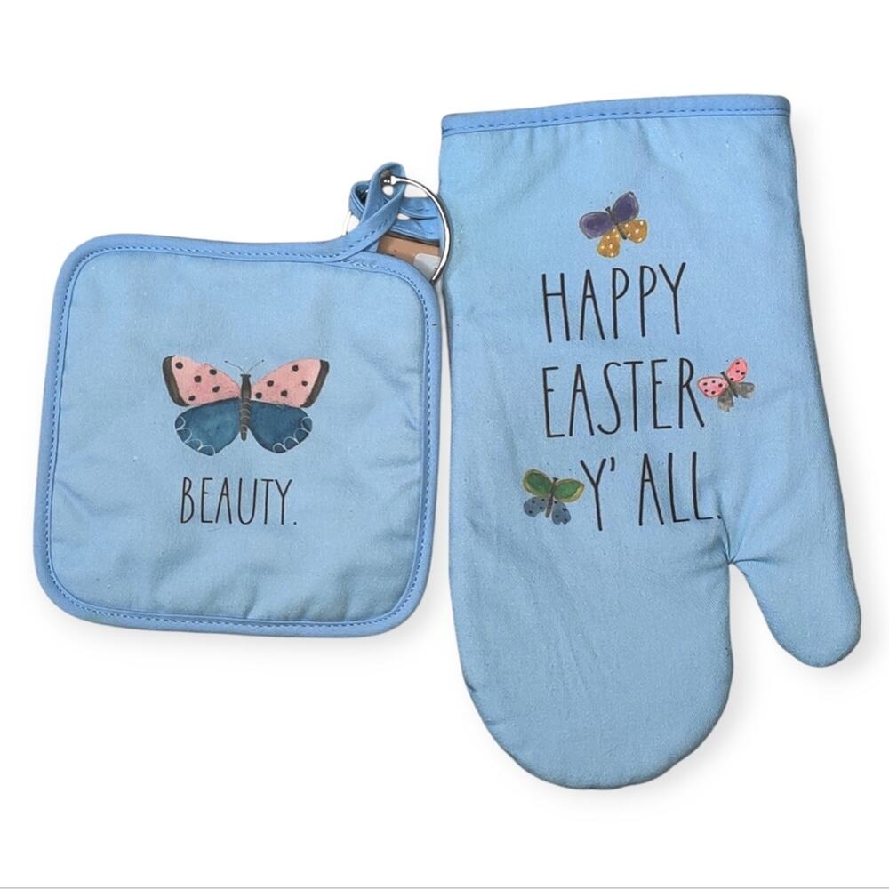 Rae Dunn Happy Easter Blue Kitchen Oven‎ Mitt and Potholder Pink Butterflies